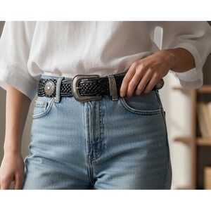 🖤Braided Genuine Leather Belt Western Cowgirl 🤠 Rodeo Grunge Silver Buckle S/m
